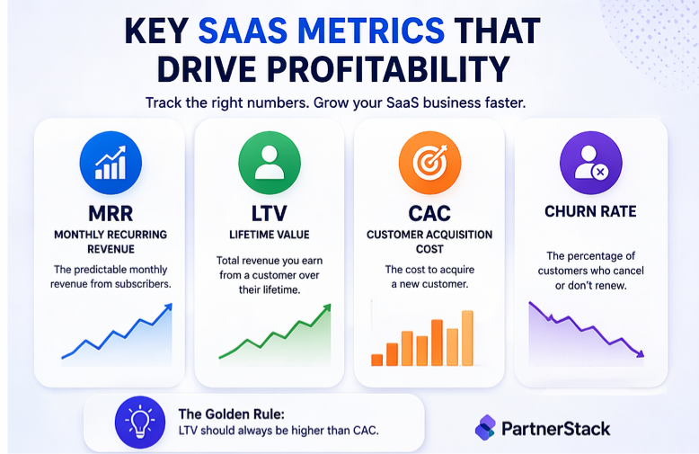 SaaS key metrics MRR LTV CAC explained with growth chart and analytics dashboard